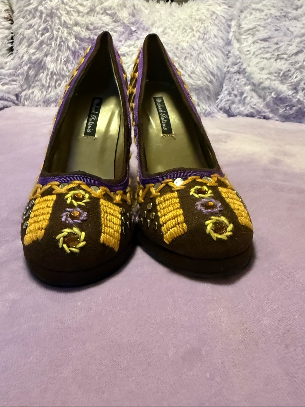 Michael Antonio Women’s 7.5 Brown Embroidered Platform Heels Purple Gold Detail